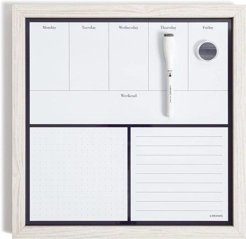 U Brands 14 x 14 Inches Rustic Weekly Dry Erase Planner Board, Office Supplies, White Wood Frame