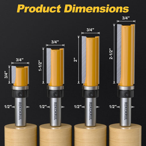Set, 1/2 Inch Trimming, 1-1/2" Pattern Flush Trim Router Bits Shank Top Bearing, Carbide Tipped Woodworking Router Bits