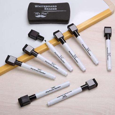 Mr. Pen Magnetic Dry Erase Markers, 8 Pack with 1 Eraser, Fine Tip Black Dry Erase Markers with Magnet