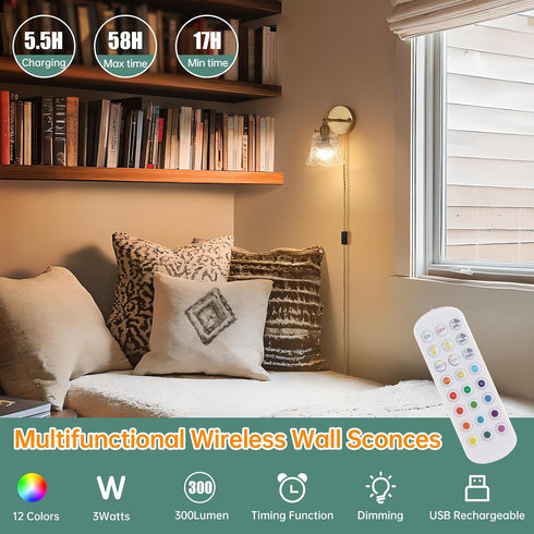 Dimmable Shenmoyl Vintage Battery Operated Wall Sconce, Wireless Battery Powered Rose Wall Sconces with Remote Control