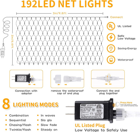 192 LED Net Lights Outdoor, 8 Modes Waterproof Christmas Net String Lights for Bushes Ceiling Wedding Indoor Outdoor
