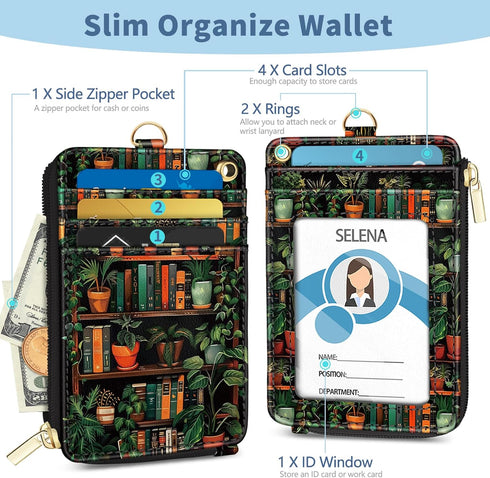Lanyard Wallet with Id Badge Holder, Bookshelf RFID Small Keychain Wallet Women Wristlet, Cute Zipper Credit Card