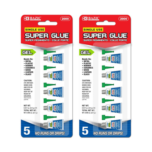 BAZIC Super Glue Gel 0.5g, Clear No Run Fast Dry Mini Tube Adhesive for Office & Home Improvement (5/Pack), 2-Pack