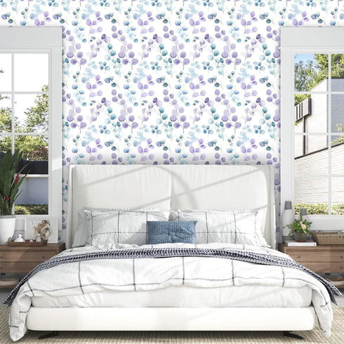 17.5" 393", Laatse Purple Leaf Wallpaper Peel and Stick, Blue Eucalyptus Contact Paper x Modern Botanical Wall Paper
