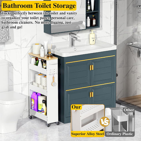 4-Tier OKZEST Utility Slim Storage Cart, Narrow Laundry Room Bathroom Organizers and Storage Cart, Metal Pantry Kitchen
