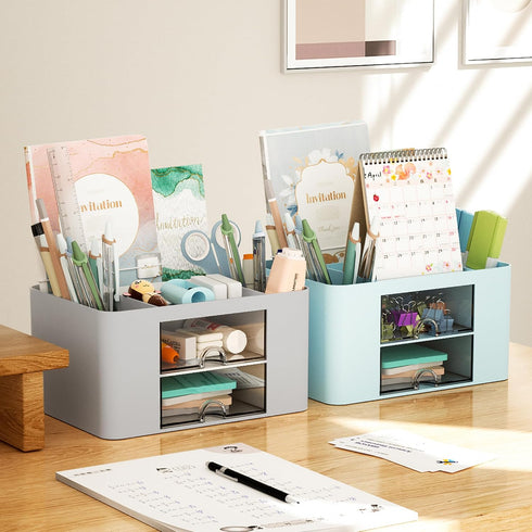 Marbrasse Pen Organizer with 2 Drawers, Multi-Functional Desk Holder with 5 Compartments for Office Art Supplies
