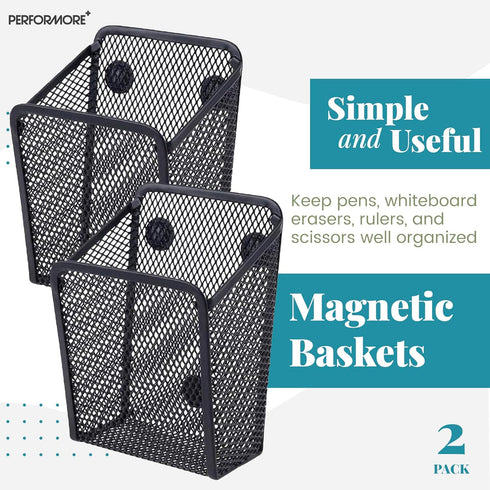 Performore 2 Pack Magnetic Metal Mesh Pen Holder, Black Stainless Steel Pencil Holder for Home or Office