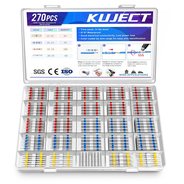 Kuject 270PCS Solder Seal Wire Connectors, Waterproof Insulated Electrical Butt Splice Terminals for Marine Automotive