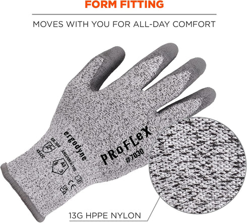 Ergodyne ProFlex 7030 Cut Resistant Work Gloves, ANSI A3, Gray, PU Coated Palms for Flexible No Slip Grip, 2X-Large