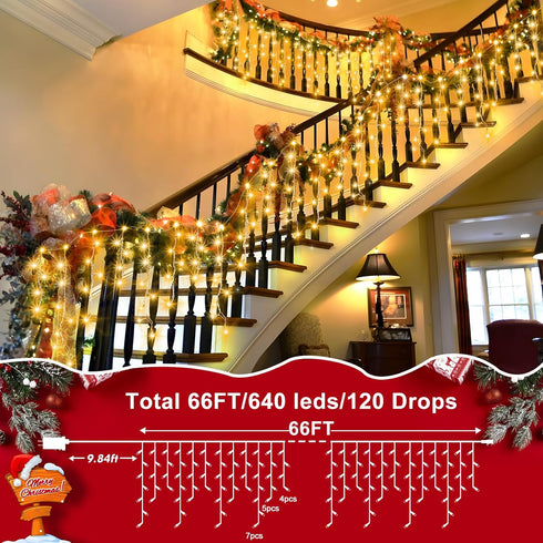 66ft 640 8 120 XURISEN Christmas Lights Decorations Outdoor, LED Modes Curtain Fairy Lights with Drops,Plug