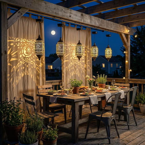 Hapjoy 1) Moroccan Hanging Solar Lights Outdoor Garden Decor Sun and Moon Decorations Solar Lantern Waterproof
