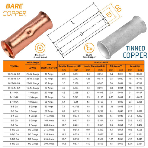 10 PCS 1 Gauge Butt Splice Connector, Non-Insulated Crimp Wire Connectors with Heat Shrink Tube