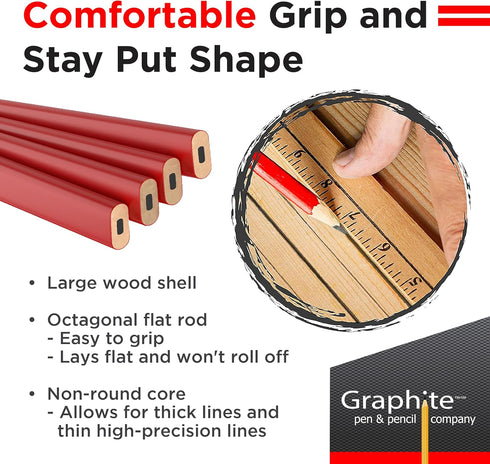 GRAPHITE Hard Lead Carpenter Pencils Bulk - Pack of 12 Pieces, Lumber Wooden Pencil #2 (HB), Red