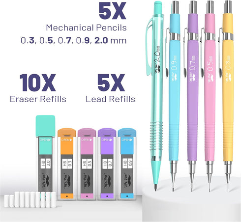 Mr. Pen- Pastel Mechanical Pencil Set with Lead and Eraser Refills, 5 Sizes, 0.3, 0.5, 0.7, 0.9, 2mm, Mechanical Pencils for Drawing and Sketching, Cute Pencils, Mechanical Pencil by Mr. Pen