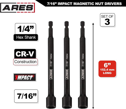 ARES 27010-3-Piece 7/16-Inch Magnetic Impact Nut Driver Bit Set, 6-Inch Length with Industrial Strength Magnets