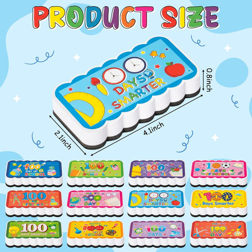 BeYumi 12Pcs 100 Days of School Magnetic Dry Eraser Whiteboard Eraser with Felt Colorful Dry Wipe Eraser Surface Glass Blackboard Duster Wiper Chalkboard Cleaner for Kids Classroom Office Home Teacher
