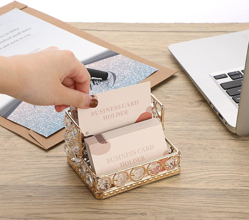 Hipiwe 2 Tiers Crystal Business Card Holder Stand, Gold Mirrored Display Stand for Office Countertop