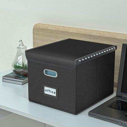 Huolewa Large Portable File Organizer Box, Black Linen Document Storage Box with Lid, Collapsible for Office/Home