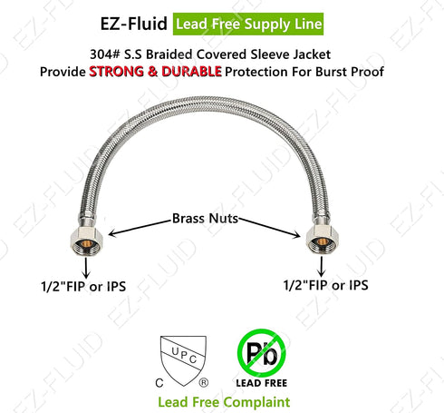 EZ-Fluid 16-Inch 1/2" FIP X 1/2" FIP Stainless Steel Braided Faucet Supply Line Connector
