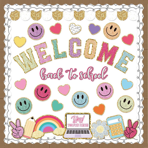 Back to School Bulletin Board Kit 110Pcs Boho Groovy Paper Cutouts with Glue Points for Classroom Party