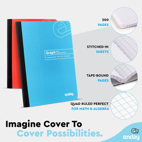 Enday Graph Paper Composition Notebook - Hard Cover, 100 Sheets, Premium Quad Ruled Notebook (6 Pack)