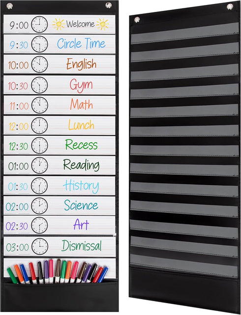 Essex Wares - 13 Pocket Daily Schedule Pocket Chart, Ultra-Durable Visual Schedule for Kids, Reusable Daily Schedule