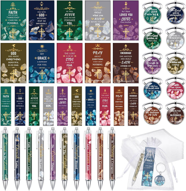 Jetec 150 Bible Verses Gift Set, 30 Christian Bookmarks, Pens, Notebooks, Keychains, Organza Bags for Office Church