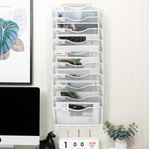 EasyPAG Hanging File Organizer - 10 Pocket Wall Mount File Holder with 5 Key Hook for Office and Classroom, White