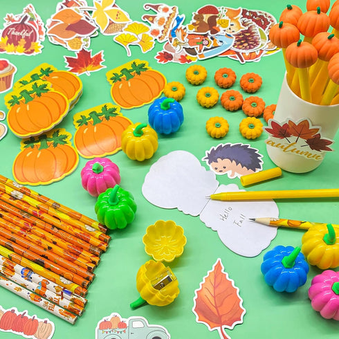 Cinrobiye 122 Pcs Fall Pumpkins Party Favors, Thanksgiving Day School Stationery Set, Harvest Classrooms Reward Prizes