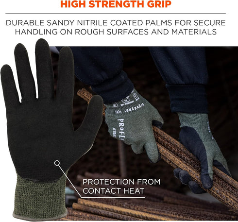 Ergodyne ProFlex 7042 Cut Resistant Work Gloves, ANSI A4, Green, Contact Heat Resistant Sandy Nitrile Coated Palms