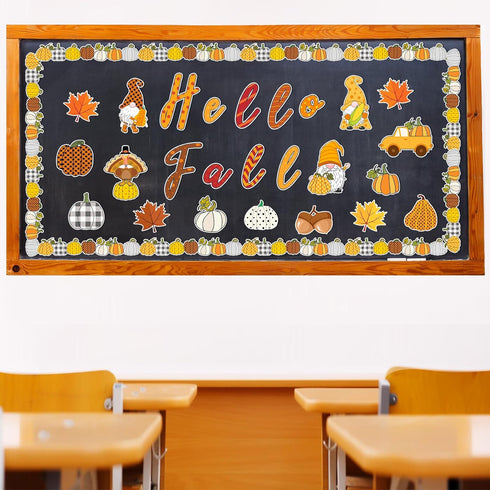 Faccito 70 Pcs Fall Bulletin Board Decorations Set, Hello Fall Cutouts with Autumn Gnome Pumpkin Borders