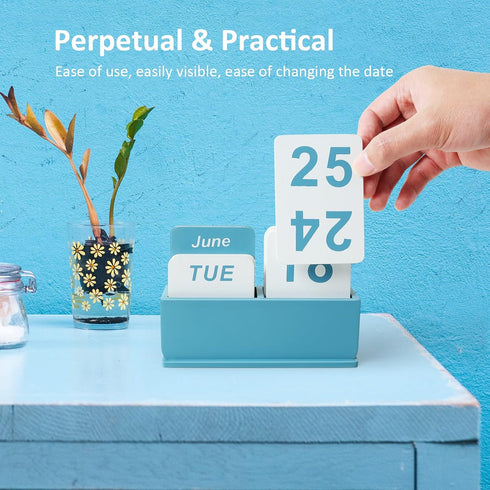 DEERINE Wooden Block Perpetual Calendar for Desk, Daily Desktop Standing Flip Calendar with Large Display, Modern