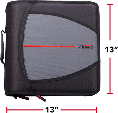 Case-it Mighty Zip Tab Zipper Binder, Jet Black, 3" O-Ring, 5-Color Tabs, Expanding File Folder, Shoulder Strap
