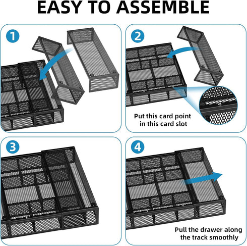 Marbrasse Expandable Desk Drawer Organizer, Mesh Tray with 10 Adjustable Compartments for Office Supplies, Black