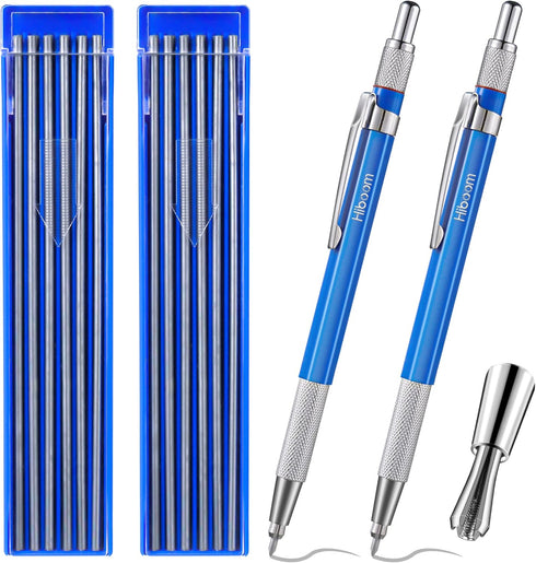Hiboom 2 Pcs Welders Pencil with 24 Pcs Silver Round Refills, Mechanical Pencils with Built-in Sharpener for Fabrication