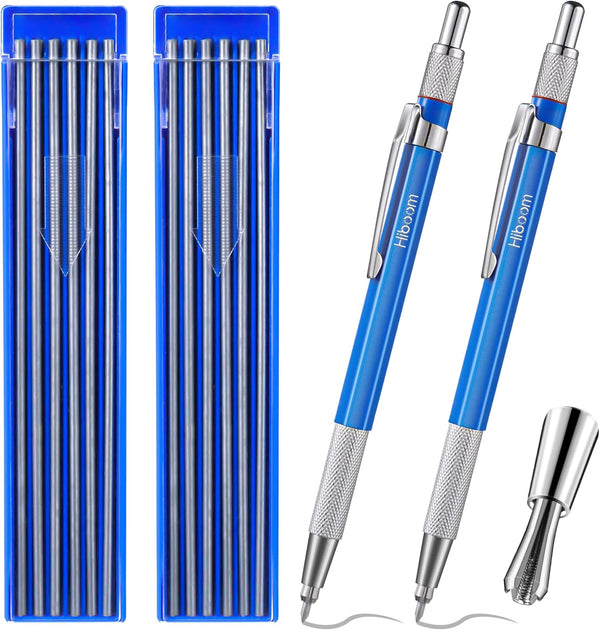 Hiboom 2 Pcs Welders Pencil with 24 Pcs Silver Round Refills, Mechanical Pencils with Built-in Sharpener for Fabrication