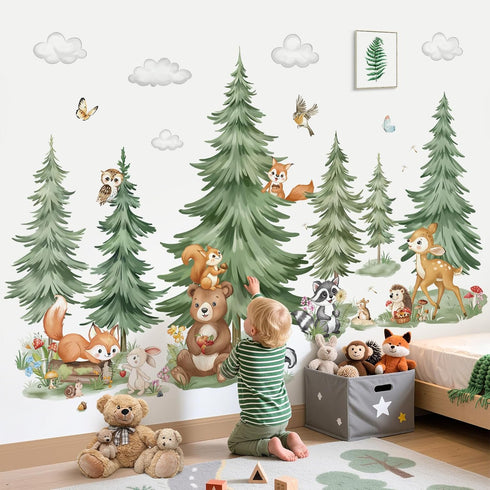 decalmile Mountain Tree Woodland Wall Decals Large Pine Tree Forest Animal Bear