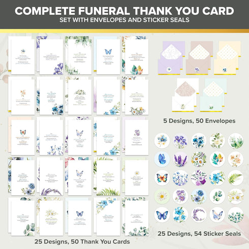 50 Pack 4x6in 25 Decorably Gold Foiled Thank You Cards for Funeral with Envelopes and Stickers, Floral & Butterfly
