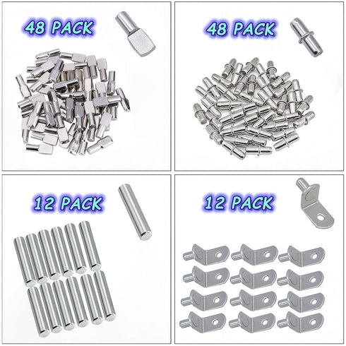 JIMROLA 120Pcs Kit,4 Closet Cabinet5mm (1/4 inch) Shelf Pins Styles Nickel Plated Shelf Support Pegs,Plated Shelf Pins