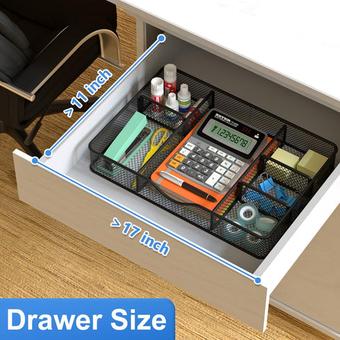 Desk Drawer Organizer Tray with 6 Compartments - 14.5" L x 8.8" W x 1.9" H for Metal Mesh Organizers in Bathroom,