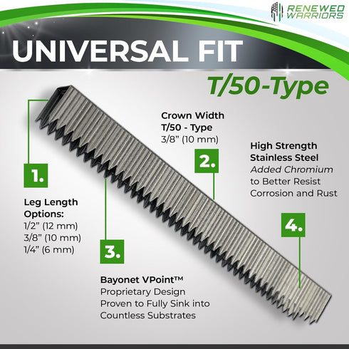 Stainless Steel Staples T/50 Fastener, 3/8 Crown, 500 Count