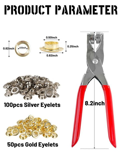 150Pcs 1/2 Inch Grommet Tool Kit, Eyelet Kit with Leather Hole Punch Pliers, Gold and Silver Metal Eyelets