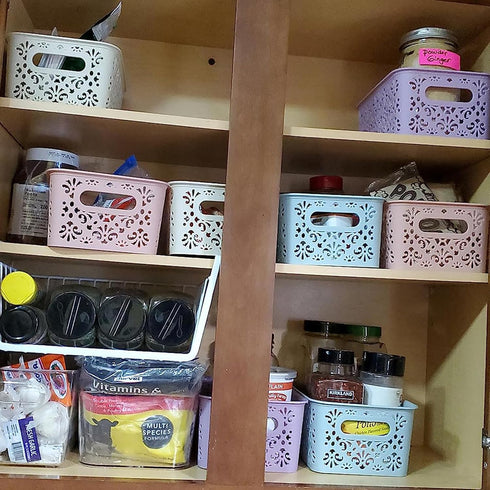 Frcctre 8 Pack Plastic Storage Baskets with Handle, Stackable Organize Bins for Home, Office, Bathroom, School (Flower