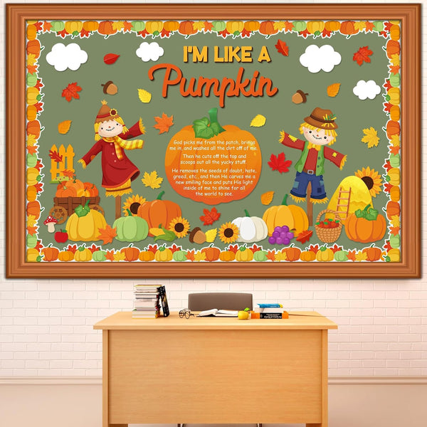 Fall Classroom Bulletin Board Decorations Set with Religious Pumpkin Cutouts and Autumn Harvest Maple Leaves