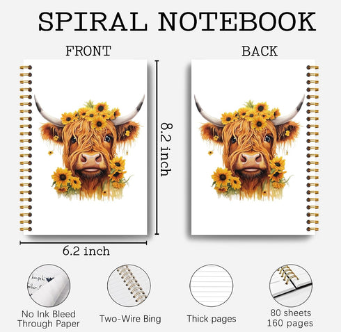 Sunflower Highland Cow Notebook, Western Cow Office Supplies, Spiral Notebook 5.5x8.3, Gifts for Highland Cow Lovers