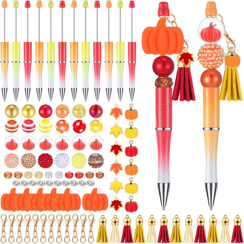 Jutom 12 Pcs Fall Beadable Pens with 50 Pcs Colorful Pumpkin Beads, 12 Tassels, 12 Pendants for Thanksgiving DIY Gift