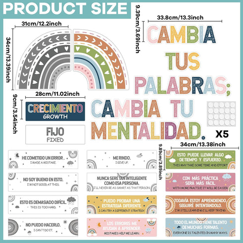 gisgfim 34 Pcs Spanish Boho Rainbow Growth Mindset Posters Banners Classroom Bulletin Board Decor Positive Sayings Accents Display Set Teacher Educational Poster Elementary Middle School Supplies by gisgfim
