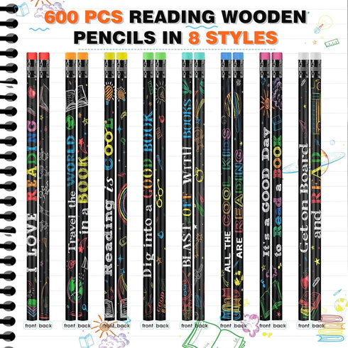 Pasimy 600 Pcs Reading Motivational Pencils, Bulk Black Novelty Wooden Pencils with Eraser for Classroom