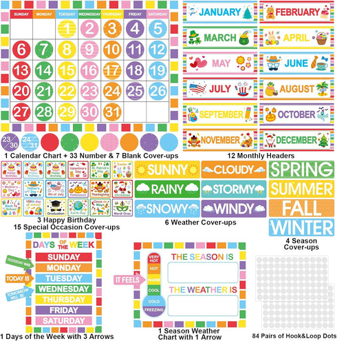 Rainbow Classroom Calendar Bulletin Board Set, Colorful Decoration with Hook and Loop Dot Stickers