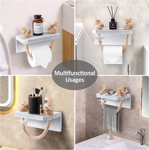 Farmhouse Toilet Paper Holder - Beach Toilet Paper Roll Holder Nautical Rope Starfish Towel Rack with White Shelf, Wall